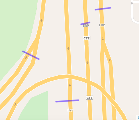 Caption: ERP gantries visualisation on our map - The purple bars are the gantries that we drew on our map