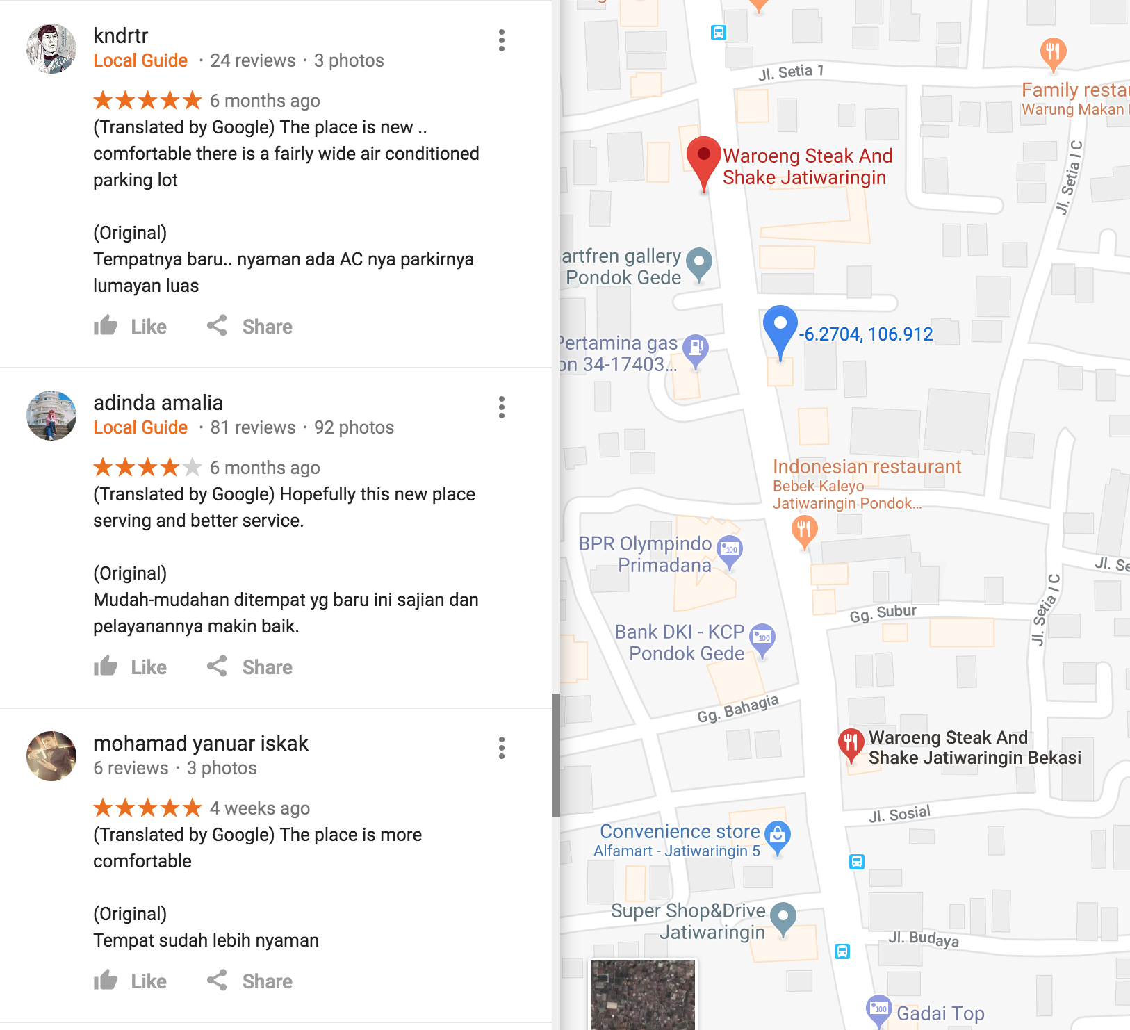 Waroeng Steak and Shake Google Maps reviews