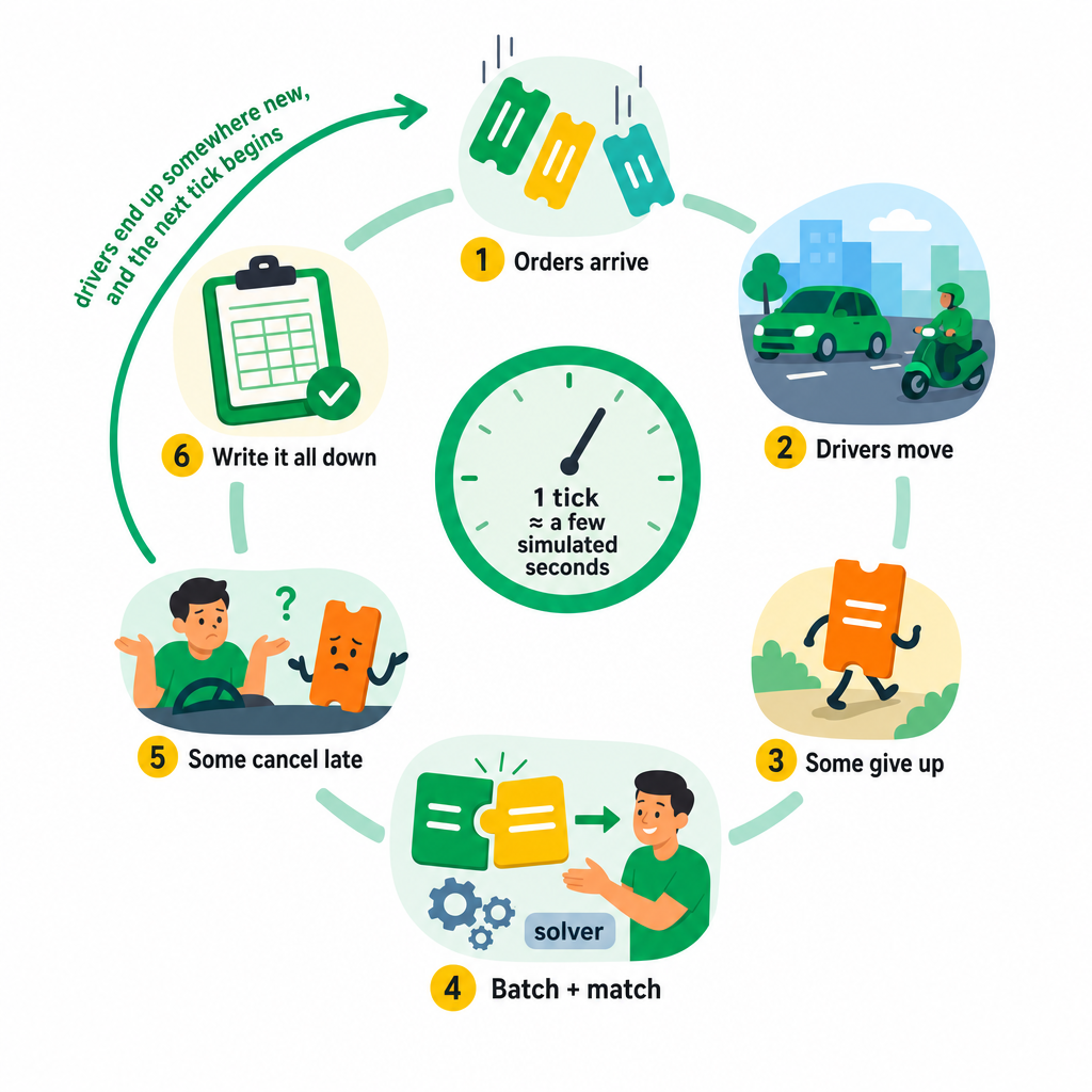 Marketplace simulation tick loop from demand through dispatch to recorded outcomes