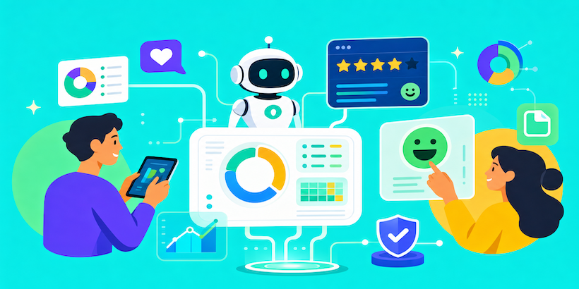 Automated merchant review summary system with integrated feedback cover photo
