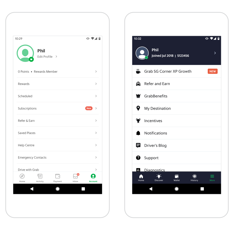 Grab’s passenger app on the left versus the driver app