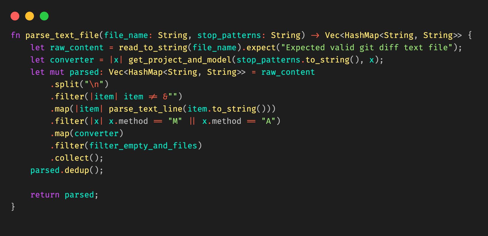 Figure 10: Example Rust code snippet for parsing the Git diff file.

