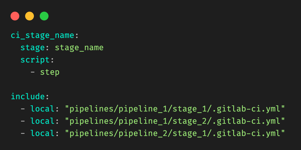 Figure 2: Example root .gitlab-ci.yml file, and include clauses.